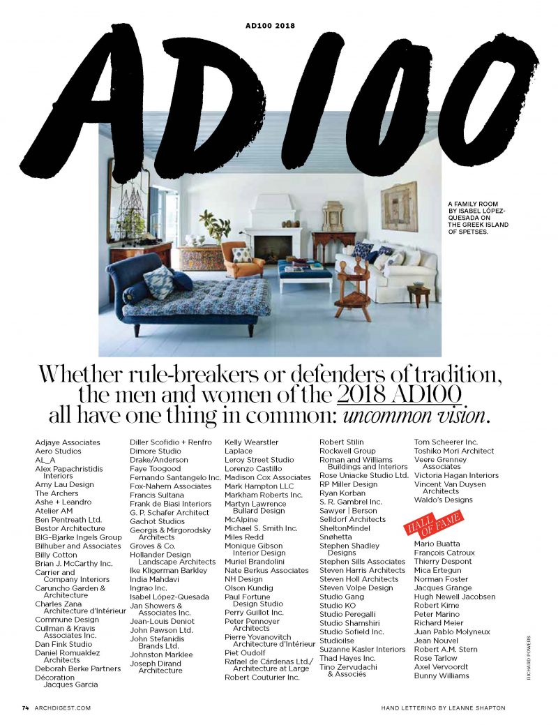 Architectural Digest – Hollander Design on AD100 Top Designers List